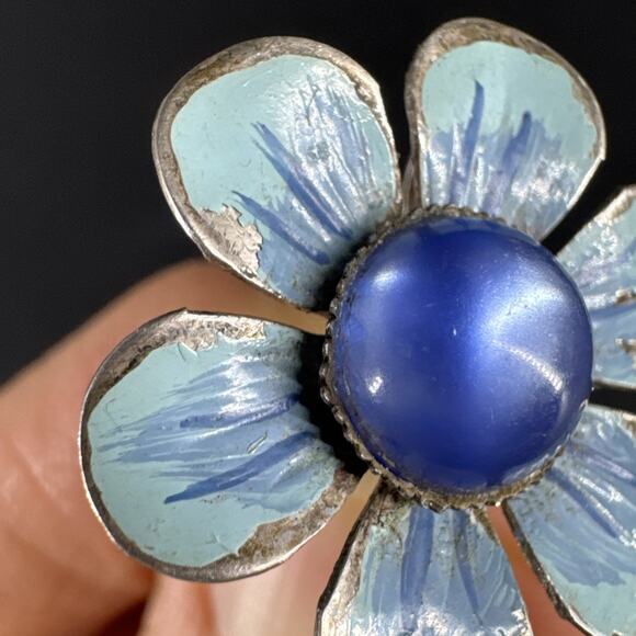 Vintage Blue Enamel Flower Sterling Silver Screw back Earrings - Picture 8 of 13